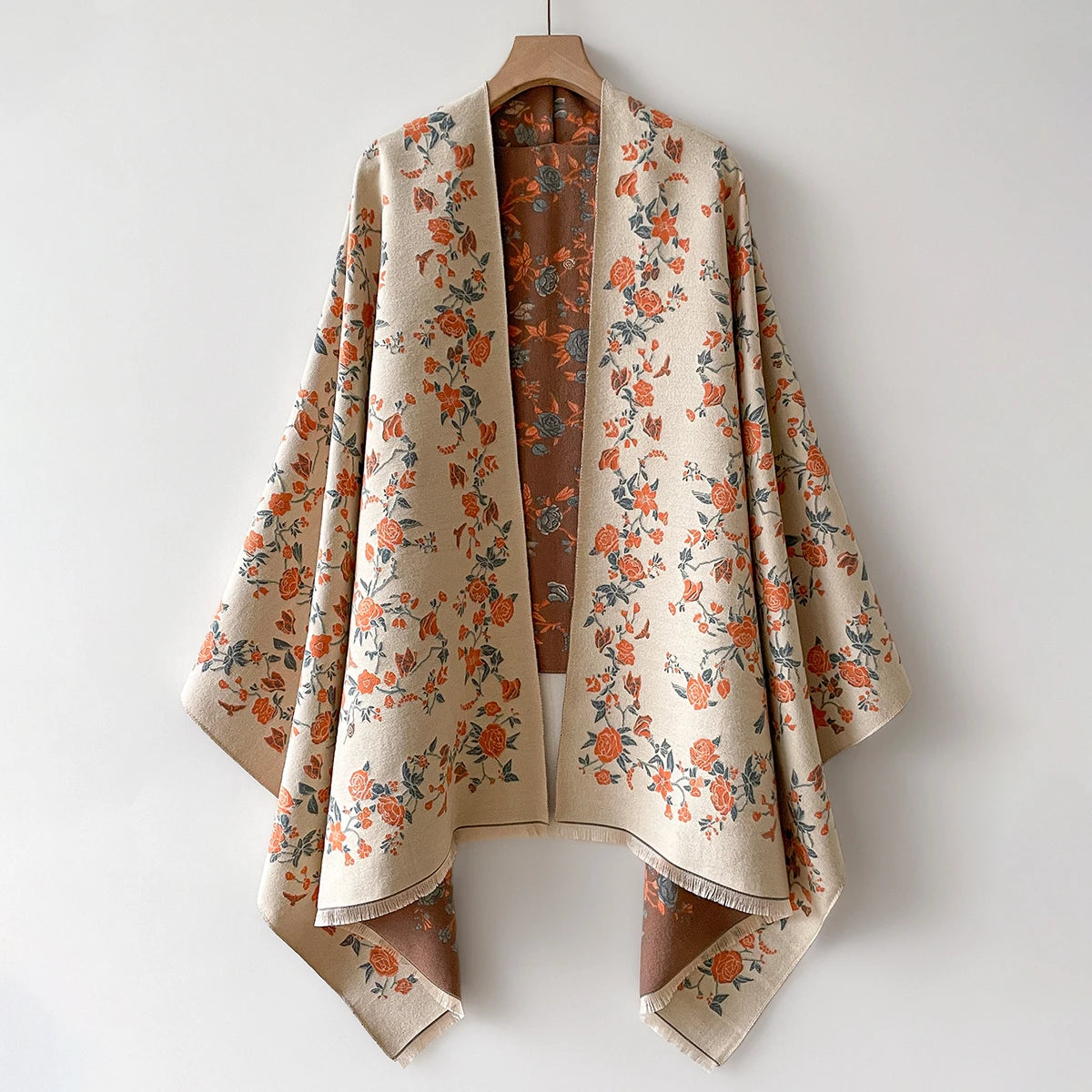 Floral Pattern Fringed Wrap Scarf for Layering over Outfits