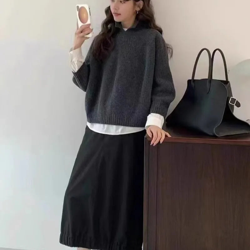 Half-open high-neck three-quarter sleeve cashmere sweater women loose cashmere sweater for autumn and winter thickened sweater