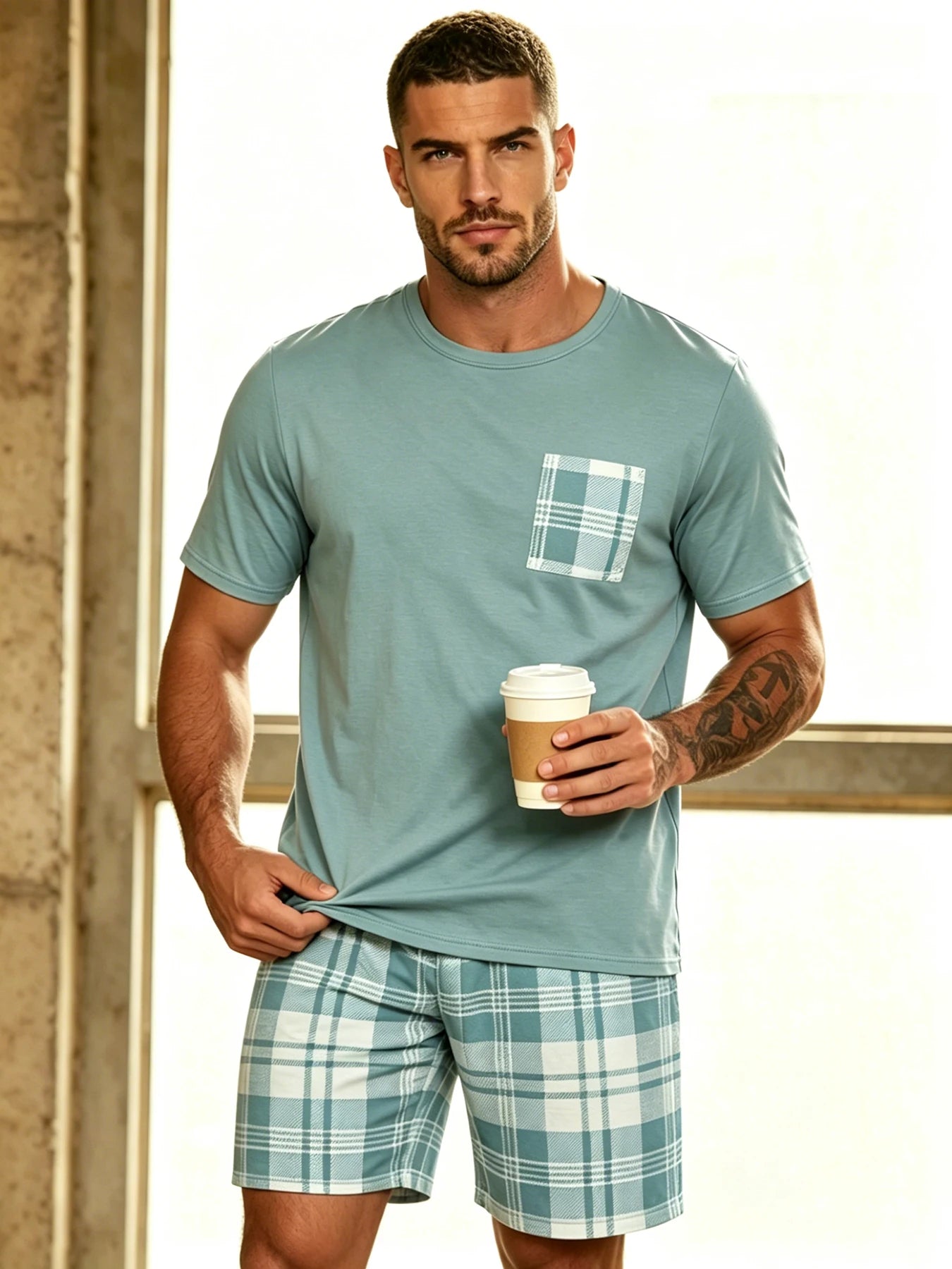 Men's Short Sleeve Pocket Top and Shorts Pajama Set