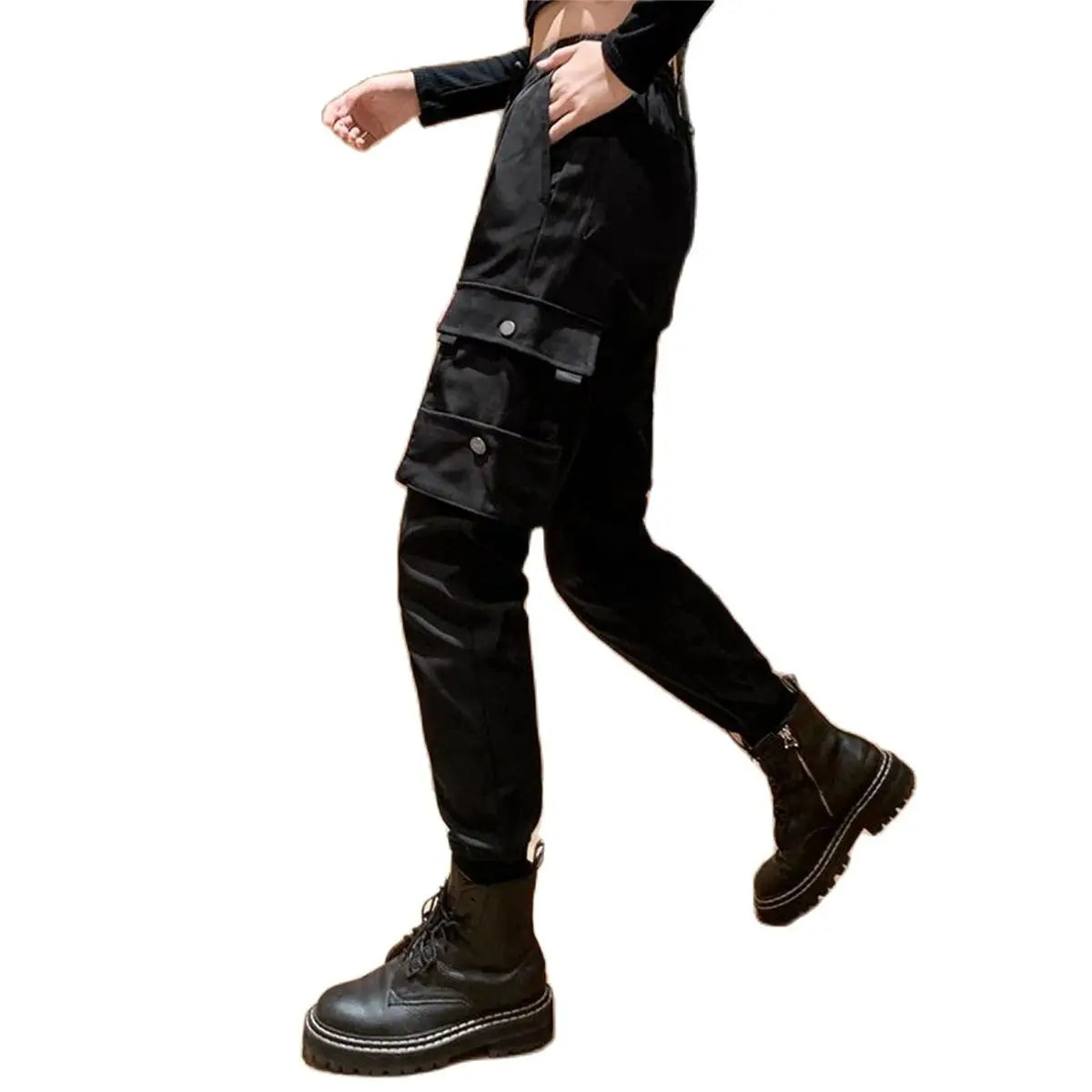 Women's Black Cargo Joggers with Pocket Tabs and Gathered Lower Legs