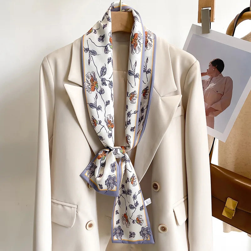 Printed Long Narrow Scarf with Decorative Ribbon Shape