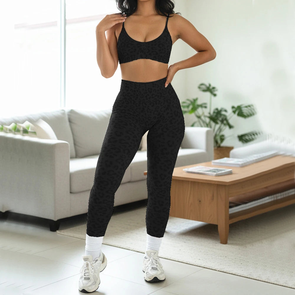 Women's Leopard Bra And Bottoms Yoga Set For Workout Outfits