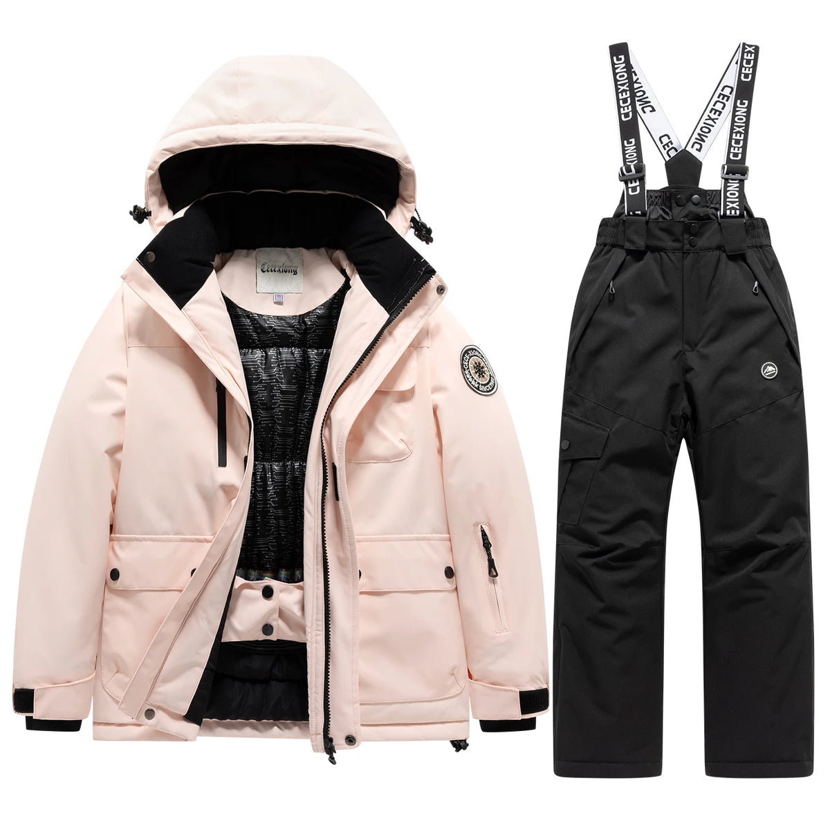 Children's Hooded Ski Jacket and Pants Clothing Set with Style Options