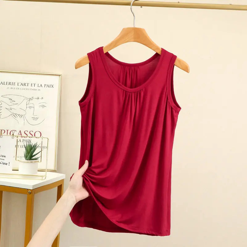 Women's Gathered Neck Polyester Modal Tank Top with Loose Sleeveless Fit