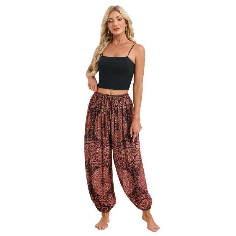 Women's Printed Rayon Harem Pants with Elastic Waist and Loose Gathered Legs