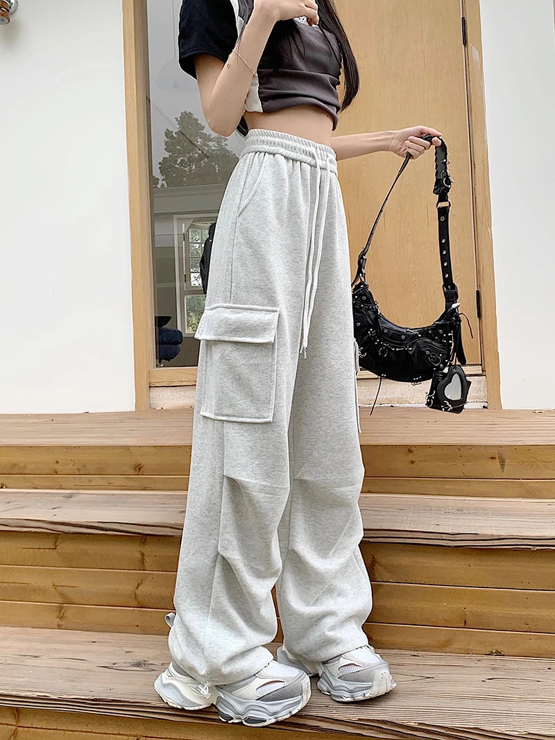 Women's Wide Leg Cargo Pants with Drawstring Waist and Flap Pockets