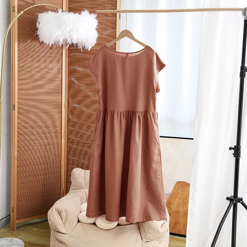 Women's Cotton-Linen Round-Neck Loose A-Line Midi Dress with Pockets for Summer Outfits