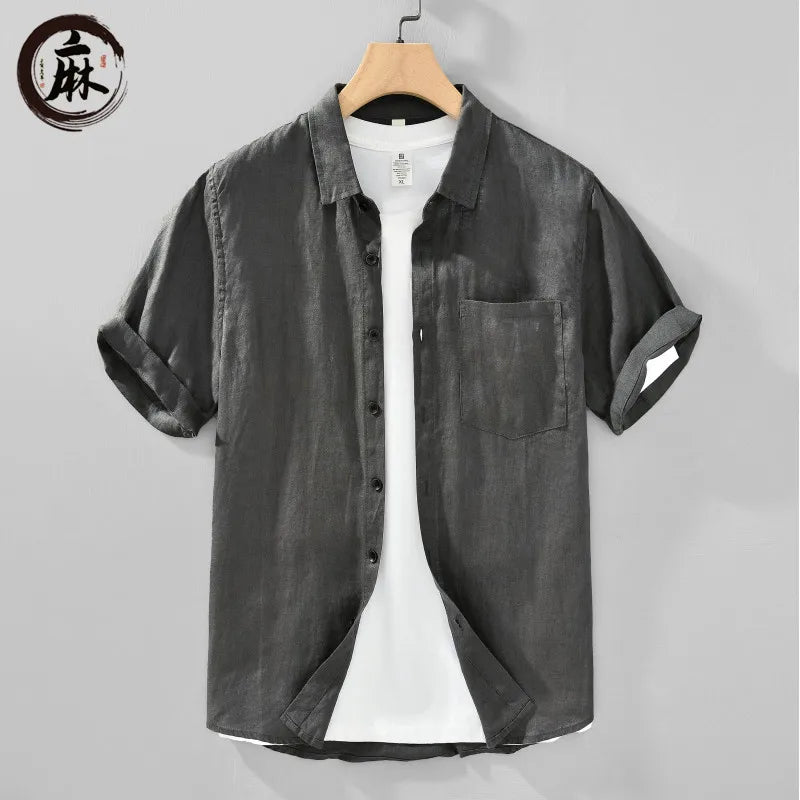 Men's Linen Short-Sleeve Collared Button-Up Shirt with Chest Pocket for Summer Outfits