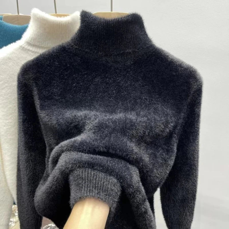 Women's Fluffy Roll Neck Long Sleeve Sweater Casual Knit Layer