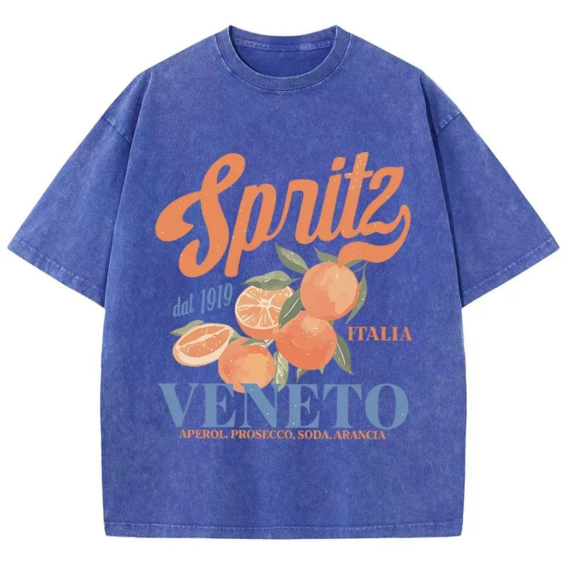 Orange Fruit Printed Washed T-shirt for Men Cotton T-shirt with Holes Round Neck Comfortable Top for Summer Men's Wear