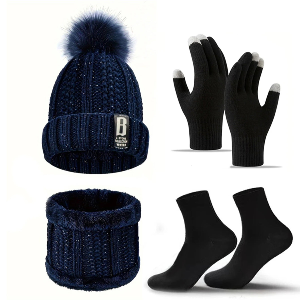 Winter Beanie Hat Gloves Scarf and Socks Set for Adult Wear