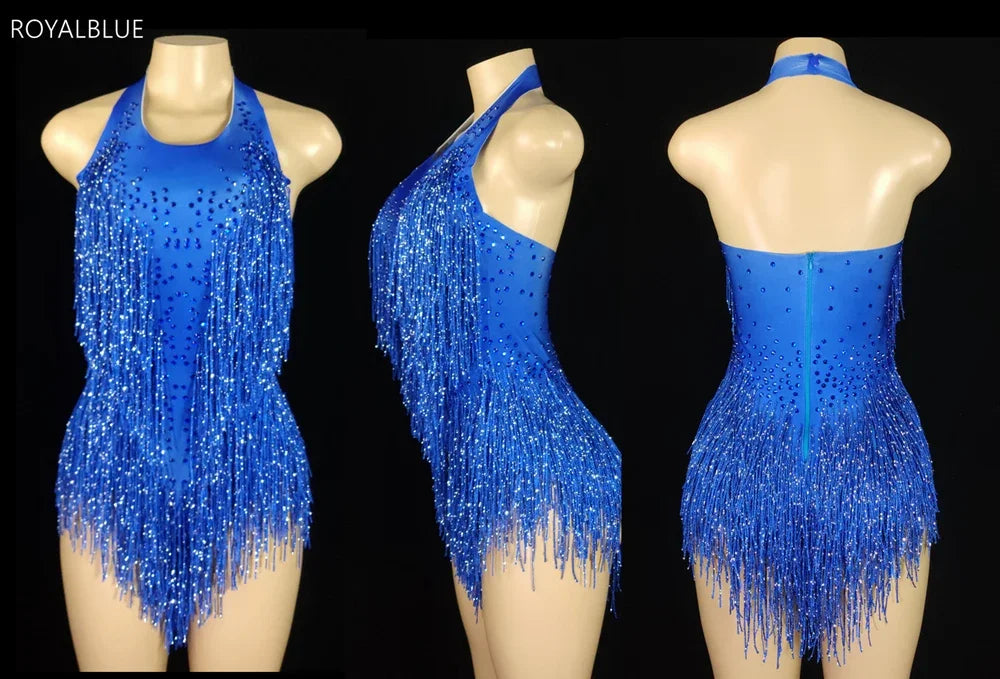 Women's Rhinestone Fringe Halter Dance Bodysuit for Stage Costume Outfits