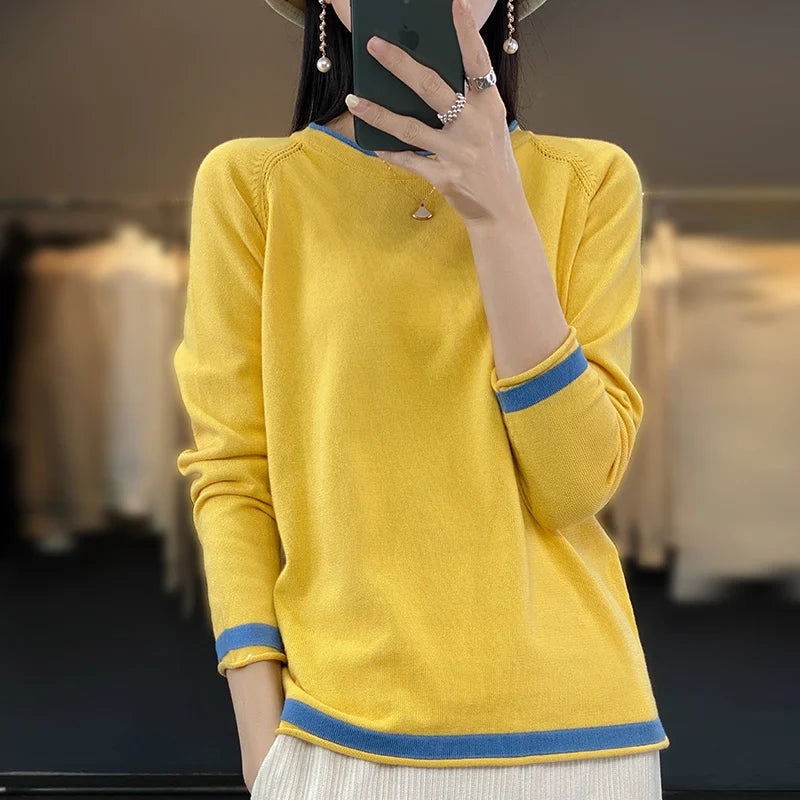 Women's Crew Neck Contrast Stripe Trim Sweater Casual Knit Layer