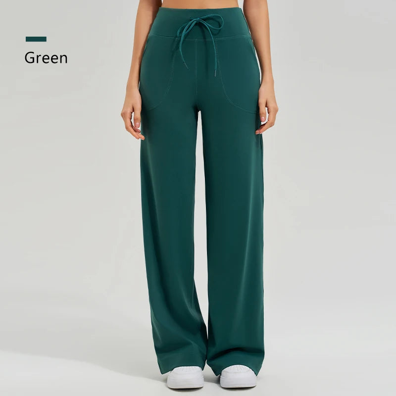 Women's Drawstring Waist Nylon Blend Wide Leg Workout Pants with Pockets