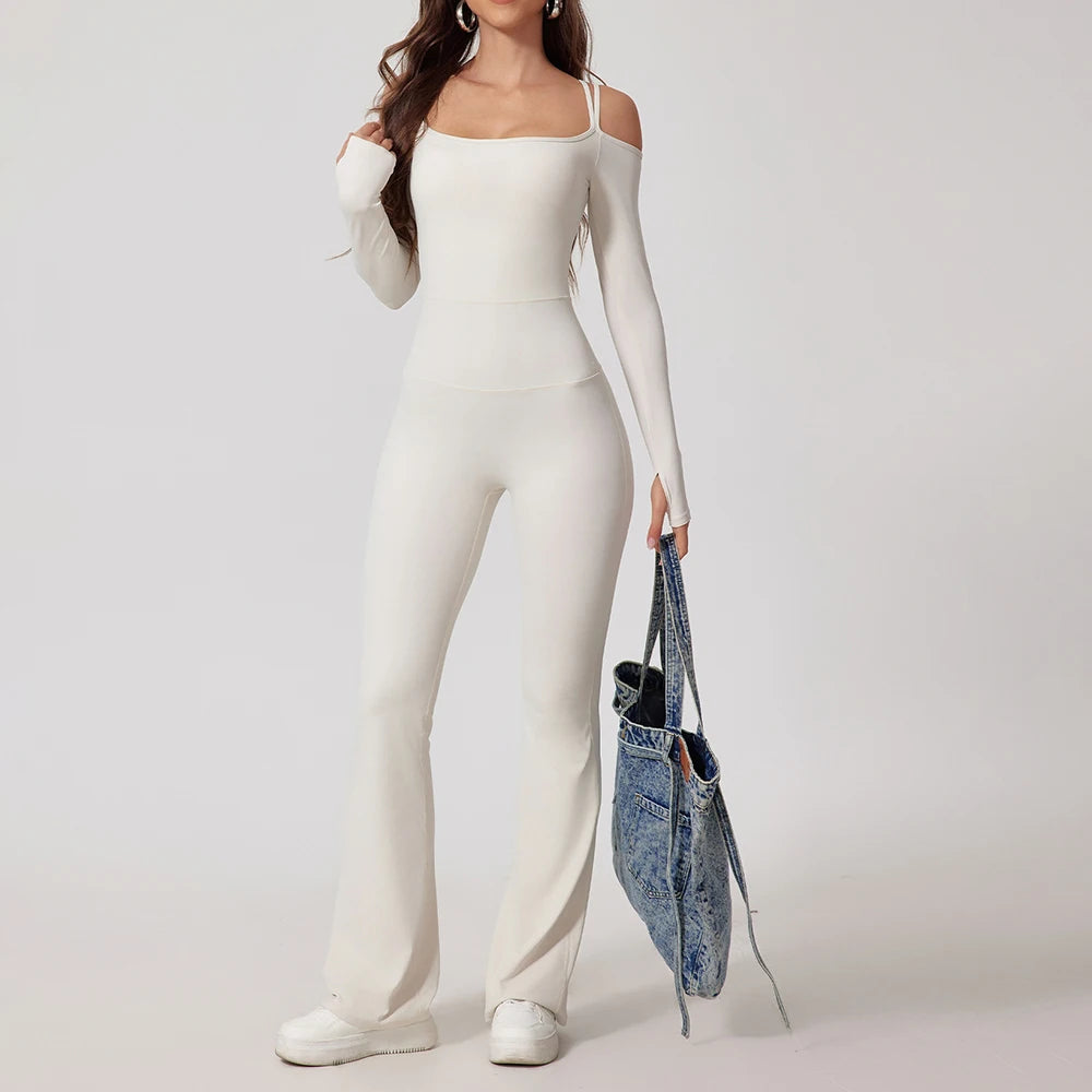 Women's Cold Shoulder Nylon Blend Workout Jumpsuit with Long Sleeves and Flared Legs