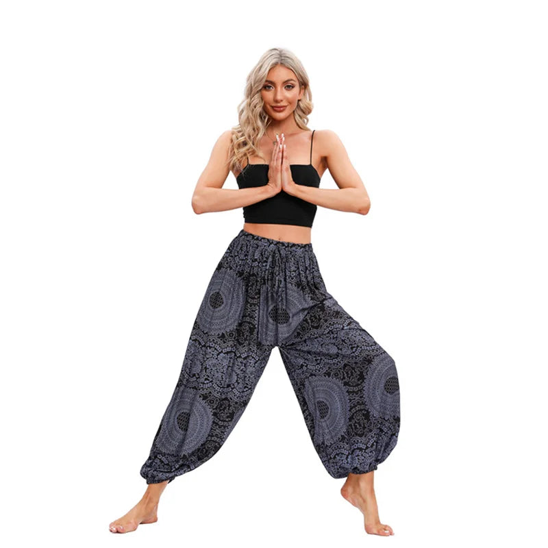 Women's Printed Rayon Harem Pants with Elastic Waist and Loose Gathered Legs