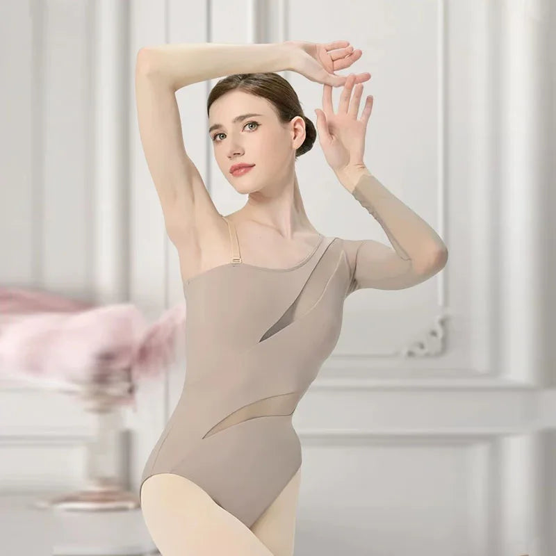 Women's Asymmetric Mesh Ballet Leotard with Diagonal Bodice and Long Sleeve