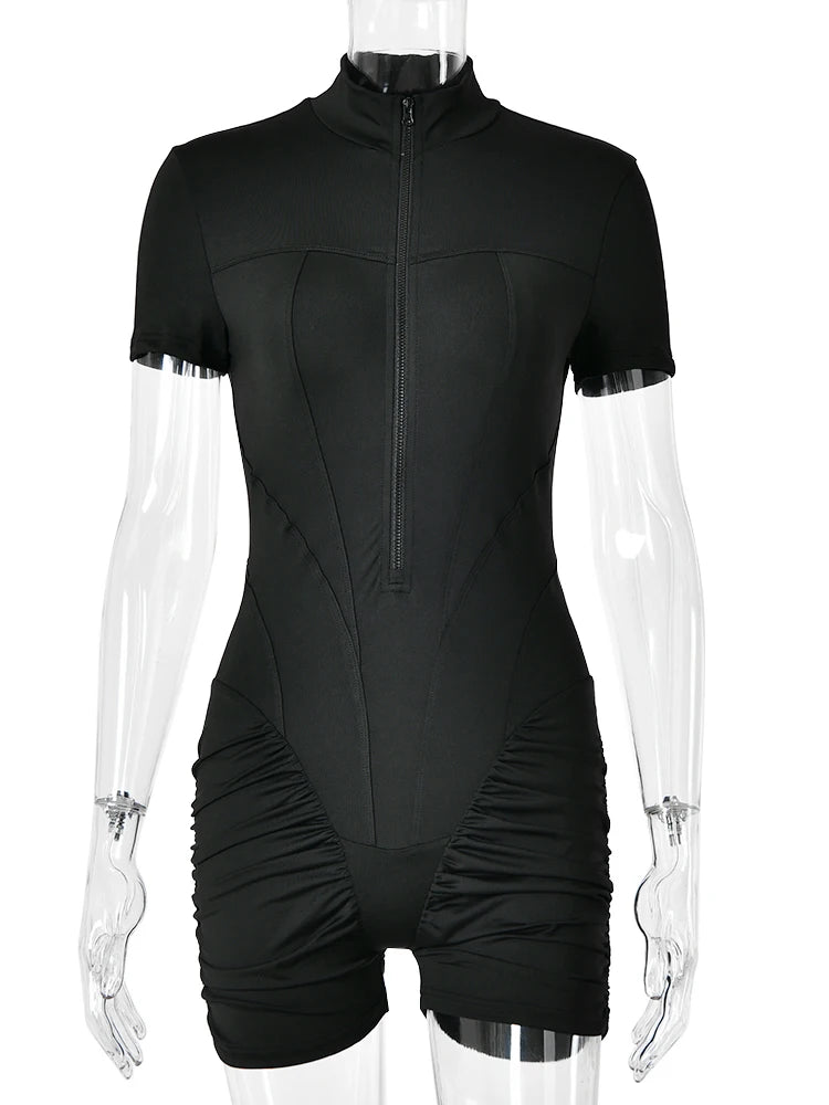 Women's Ruched Short Sleeve Polyester Blend Romper with a Front Zip