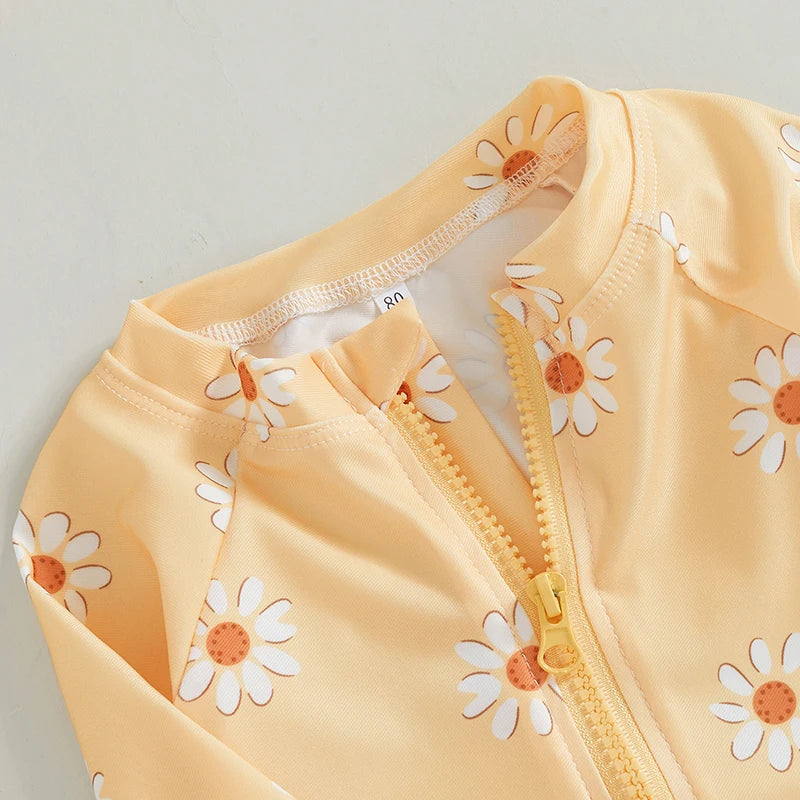 Baby Girls' Floral Long Sleeve Zip-Front Swimsuit with Hat