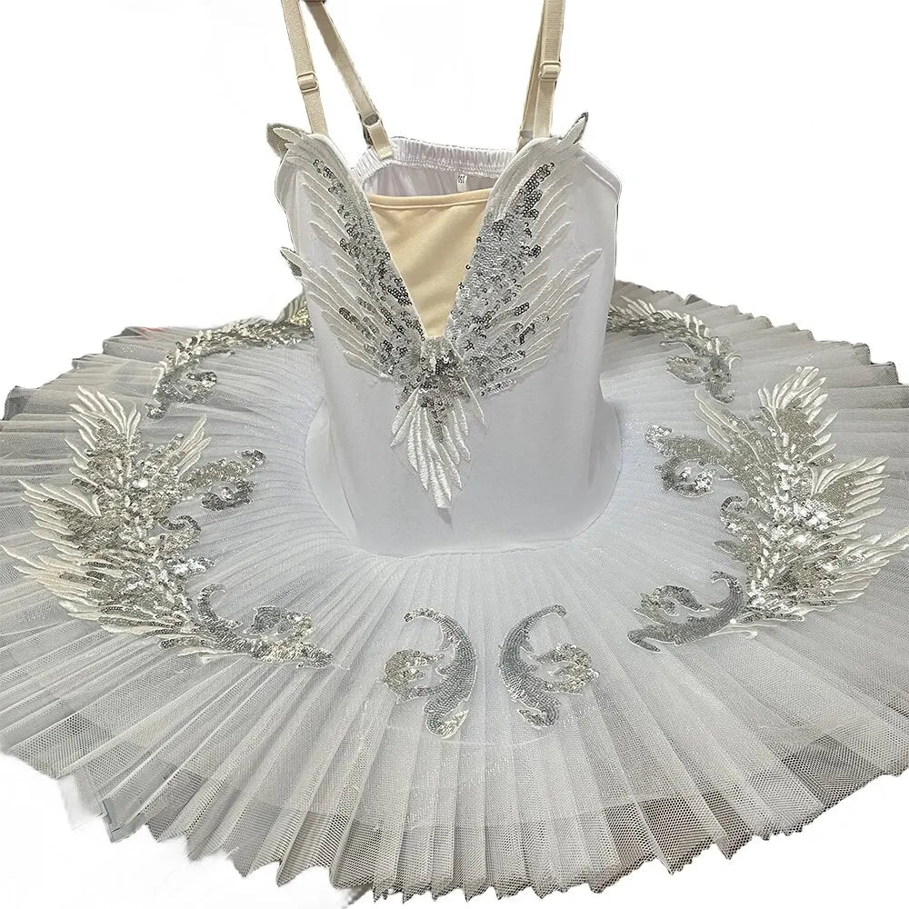 Girls' White Pancake Ballet Tutu Costume with Decorated Bodice and Kids Sizes
