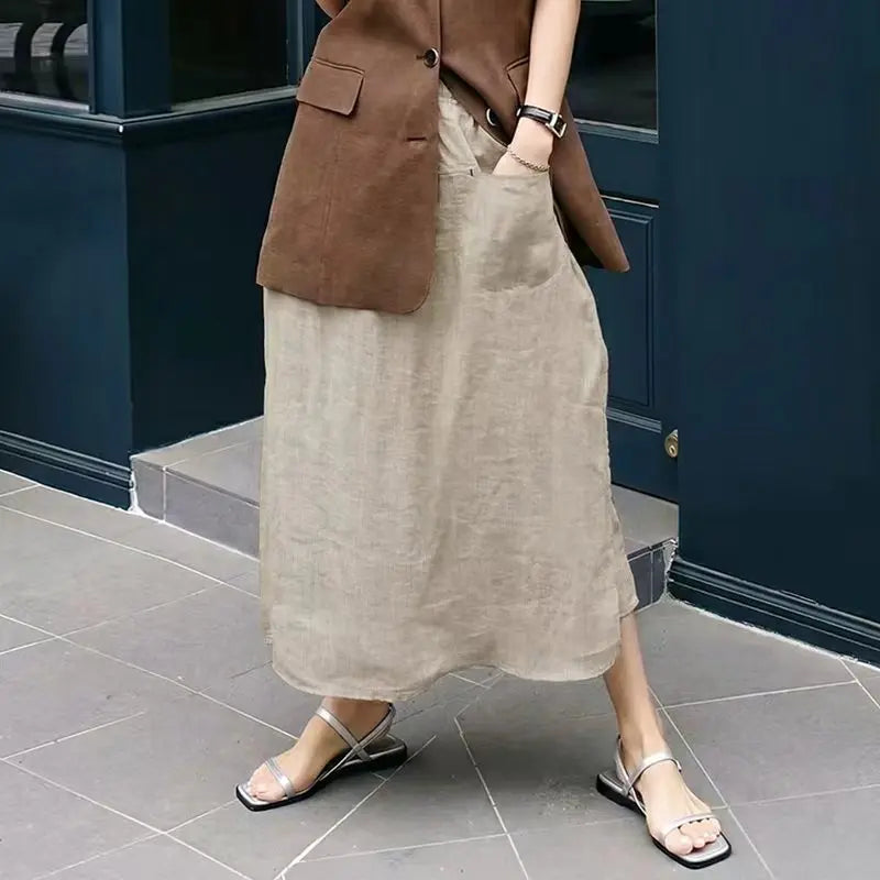 Women's Linen High-Rise Loose A-Line Midi Skirt with Pockets for Casual Outfits