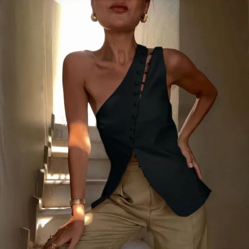 Women's One Shoulder Polyester Blend Blouse with Diagonal Hook and Eye Detail