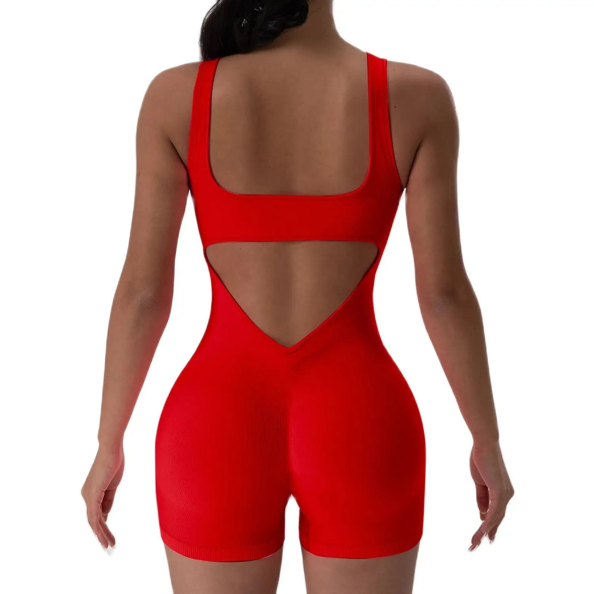 Women's Open Back Nylon Blend Workout Romper with Tank Neckline and Short Legs