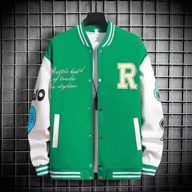 Graphic Long Sleeve Button Front Casual Varsity Style Jacket