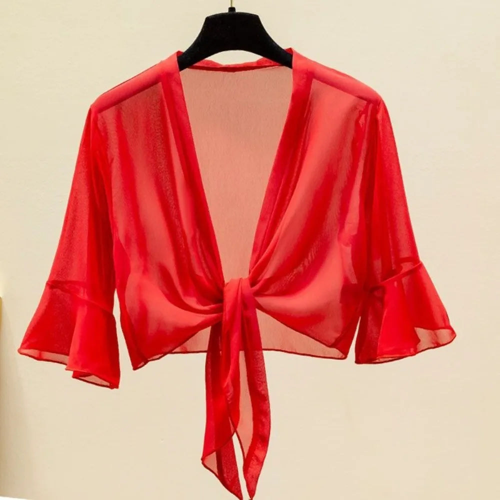Chiffon Tie Front Short Sleeve Cardigan for Layering over Outfits