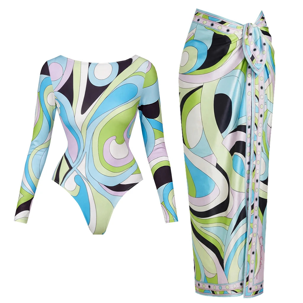 Printed Long Sleeve Swimsuit with Matching Skirt
