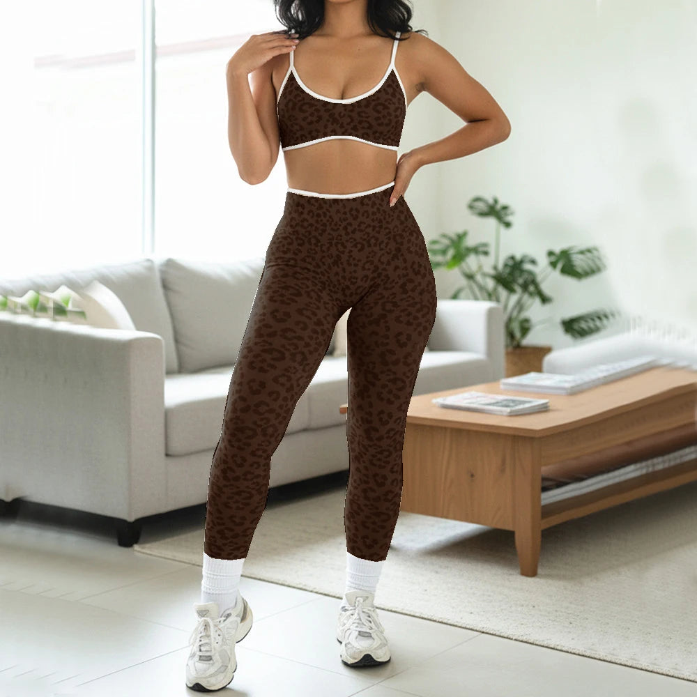 Women's Leopard Bra And Bottoms Yoga Set For Workout Outfits