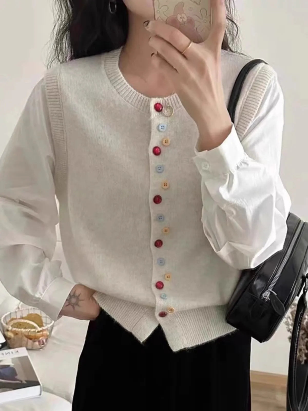 European goods color button cashmere knit vest cardigan women spring and autumn new round neck sleeveless sweater vest