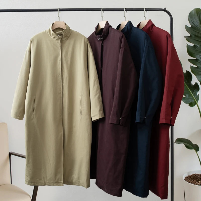 Women's Long Stand Collar Front Opening Coat for Layered Outfits