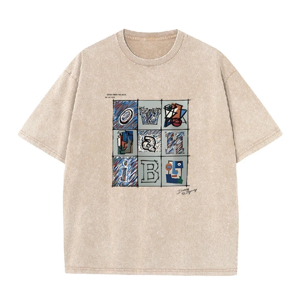 Retro Abstract Alphabet Art T Shirt Picasso Inspired Print Washed Casual Streetwear