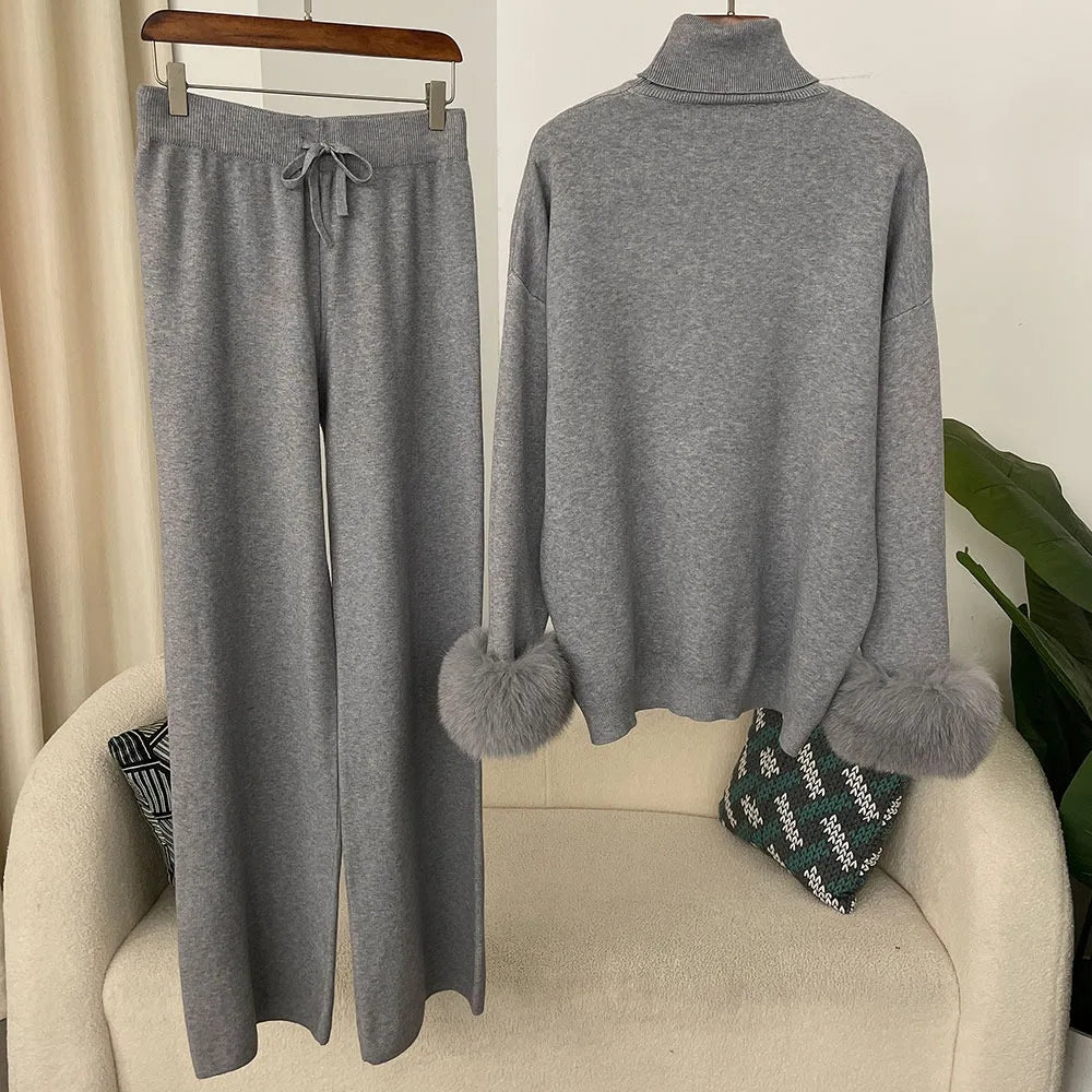Women's Knit Long-Sleeve Zip-Front Top and Pants Set with Fox-Fur Cuff Trim