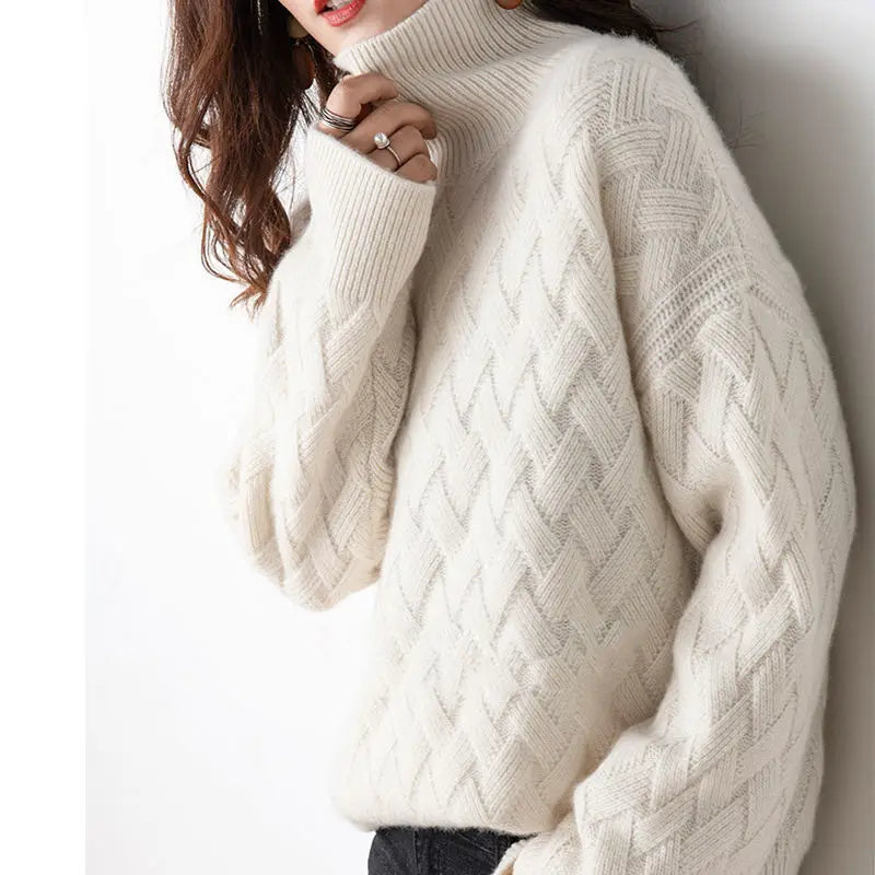 Women's Wool-Polyester Solid Long-Sleeve Turtleneck Loose Knit Pullover Sweater for Winter Outfits