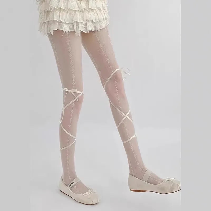 Sheer Lace Up Stockings with Decorative Ribbon Tie Details
