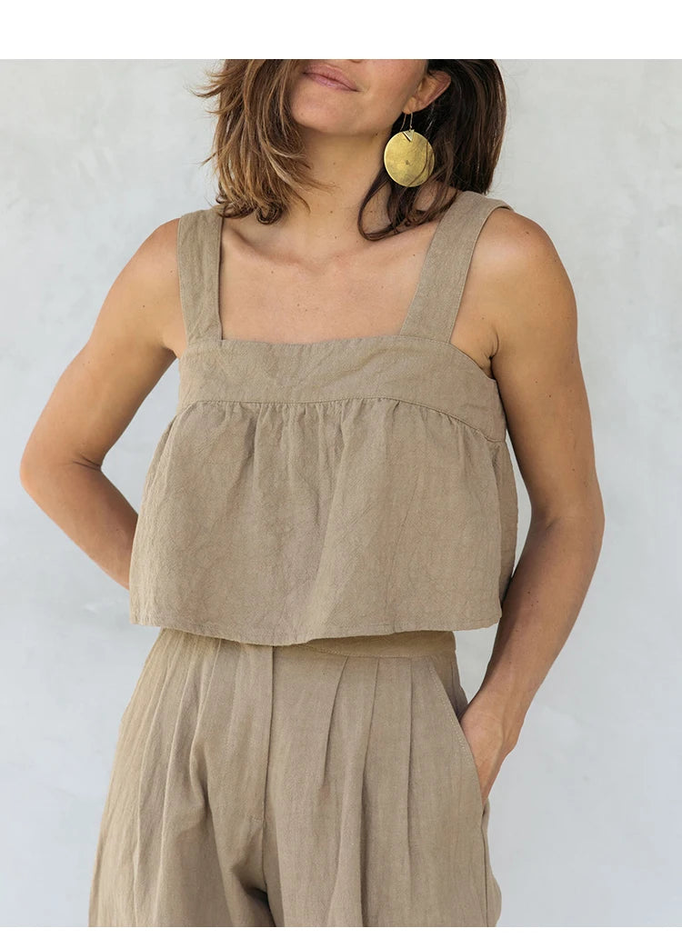 Women's Cotton-Linen Sleeveless Cropped Camisole Top with Button Detail for Summer Outfits