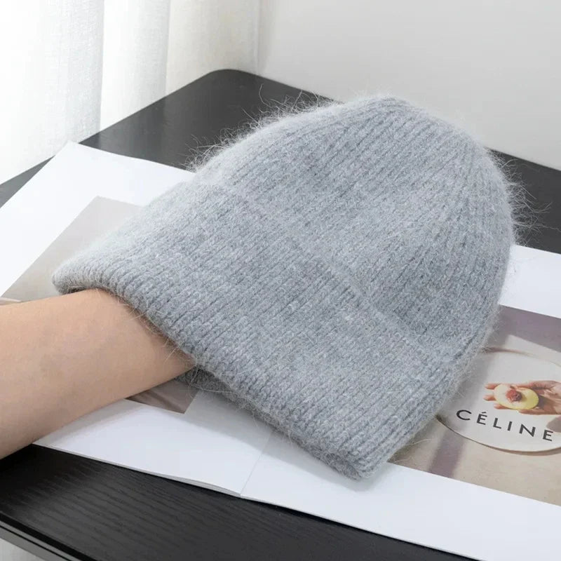 Solid Ribbed Knit Beanie with Folded Cuff Styling