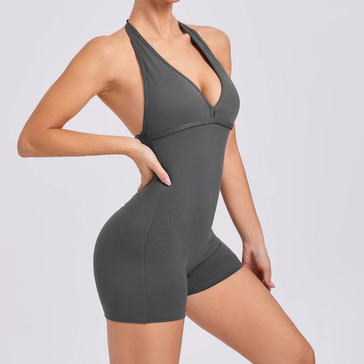 Women's Deep V Halter Nylon Blend Workout Romper with Open Back