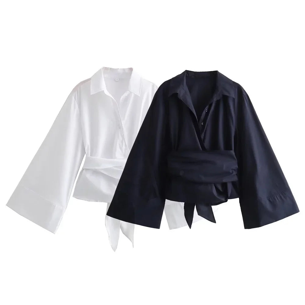 Women's Cropped Wrap Shirt with Waist Tie