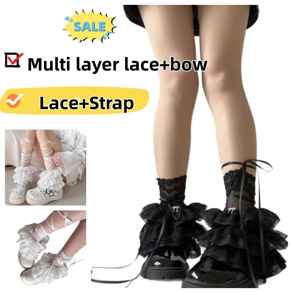 Ruffled Lace Ankle Leg Warmers with Ribbon Tie Details