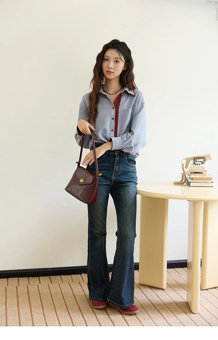 Women's Striped Shirt with Contrast Collar and Buttons