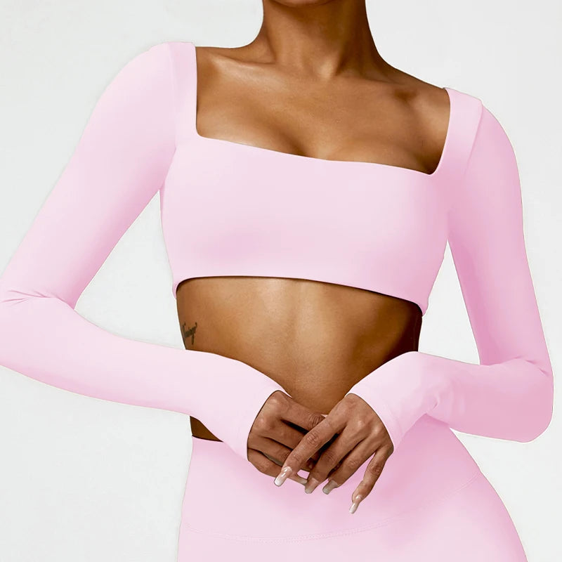 Women's Square Neck Long Sleeve Crop Top For Workout Outfits