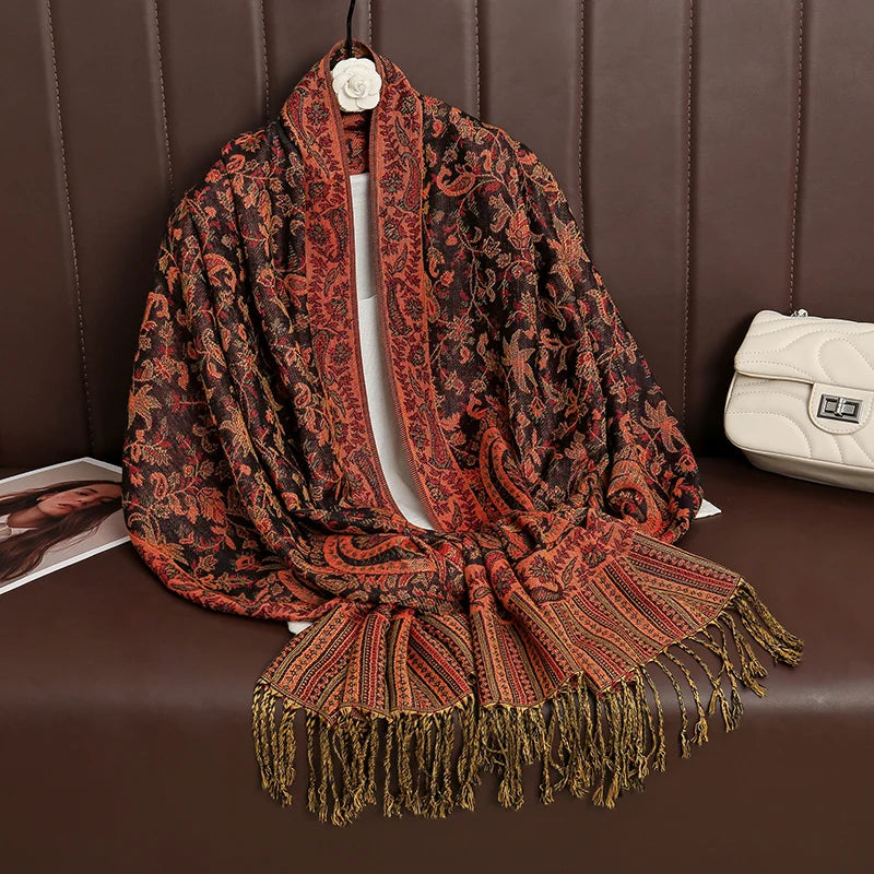 Paisley Floral Print Long Scarf with Fringed Ends