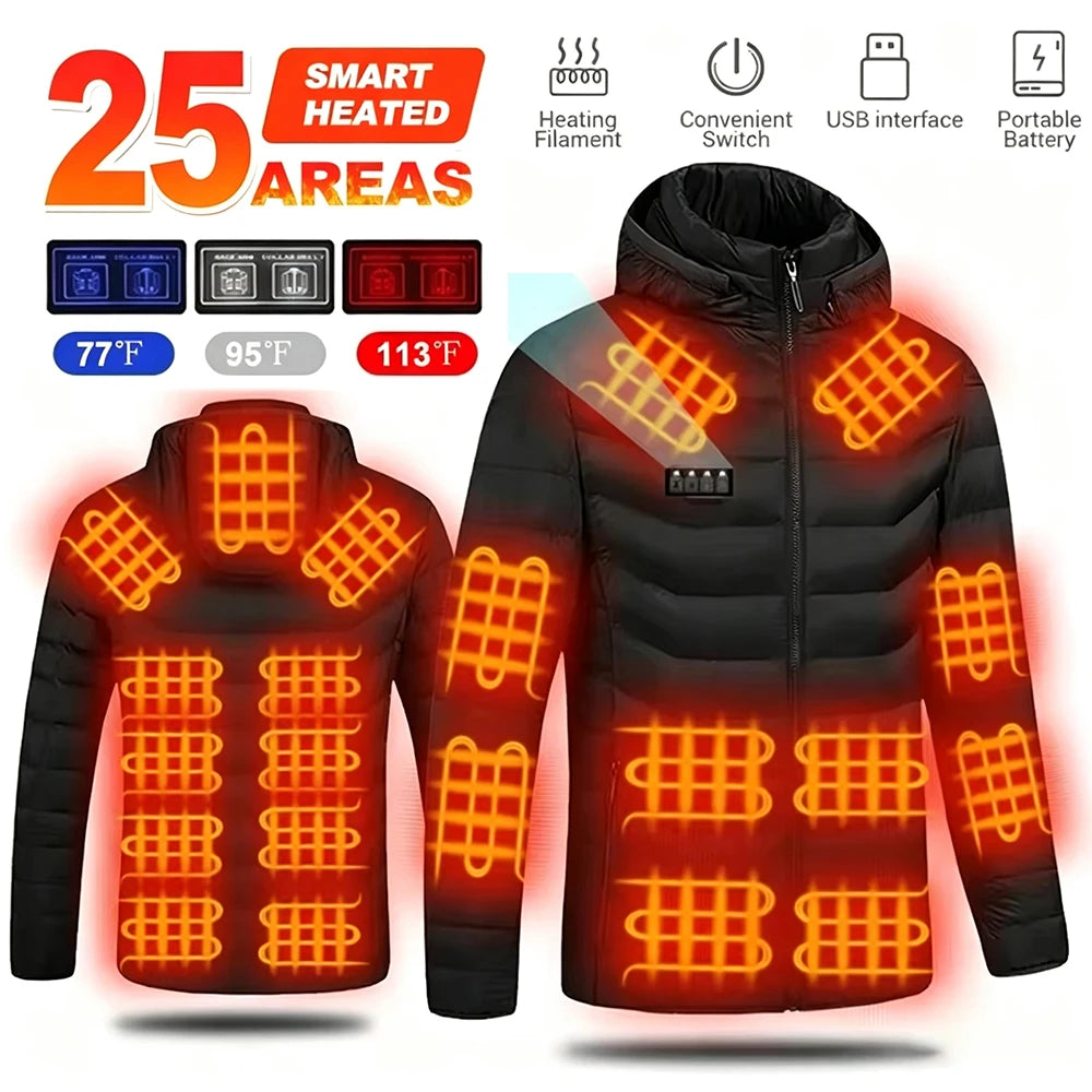 USB Heated Hooded Full Zip Long Sleeve Outdoor Jacket