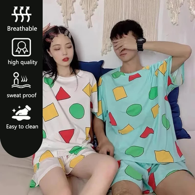 Women's Geometric Print Short Sleeve Pajama Set with Top and Shorts