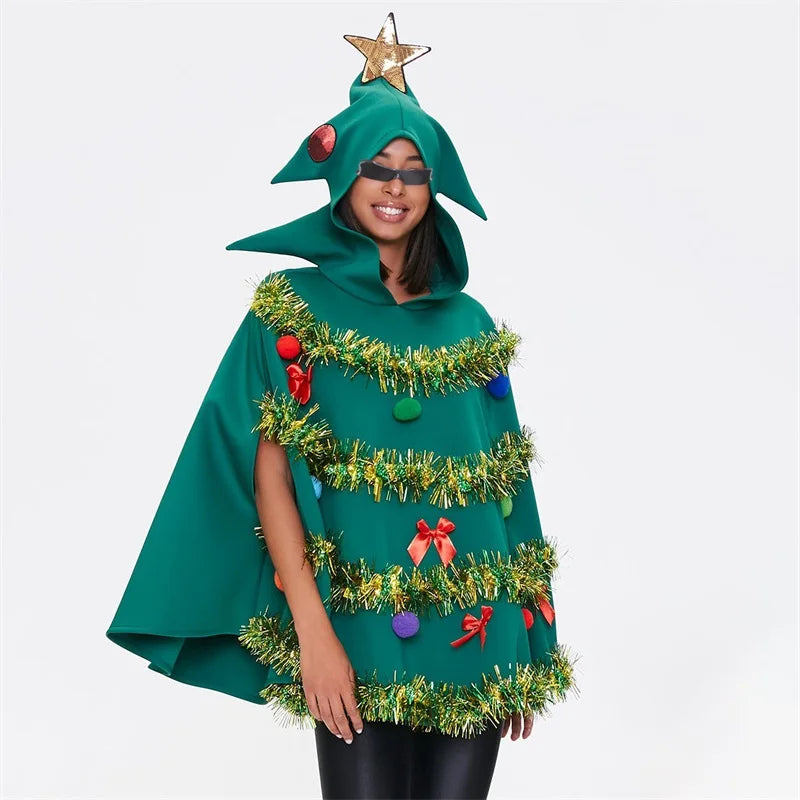 Decorated Christmas Tree Hooded Poncho for Layering over Outfits