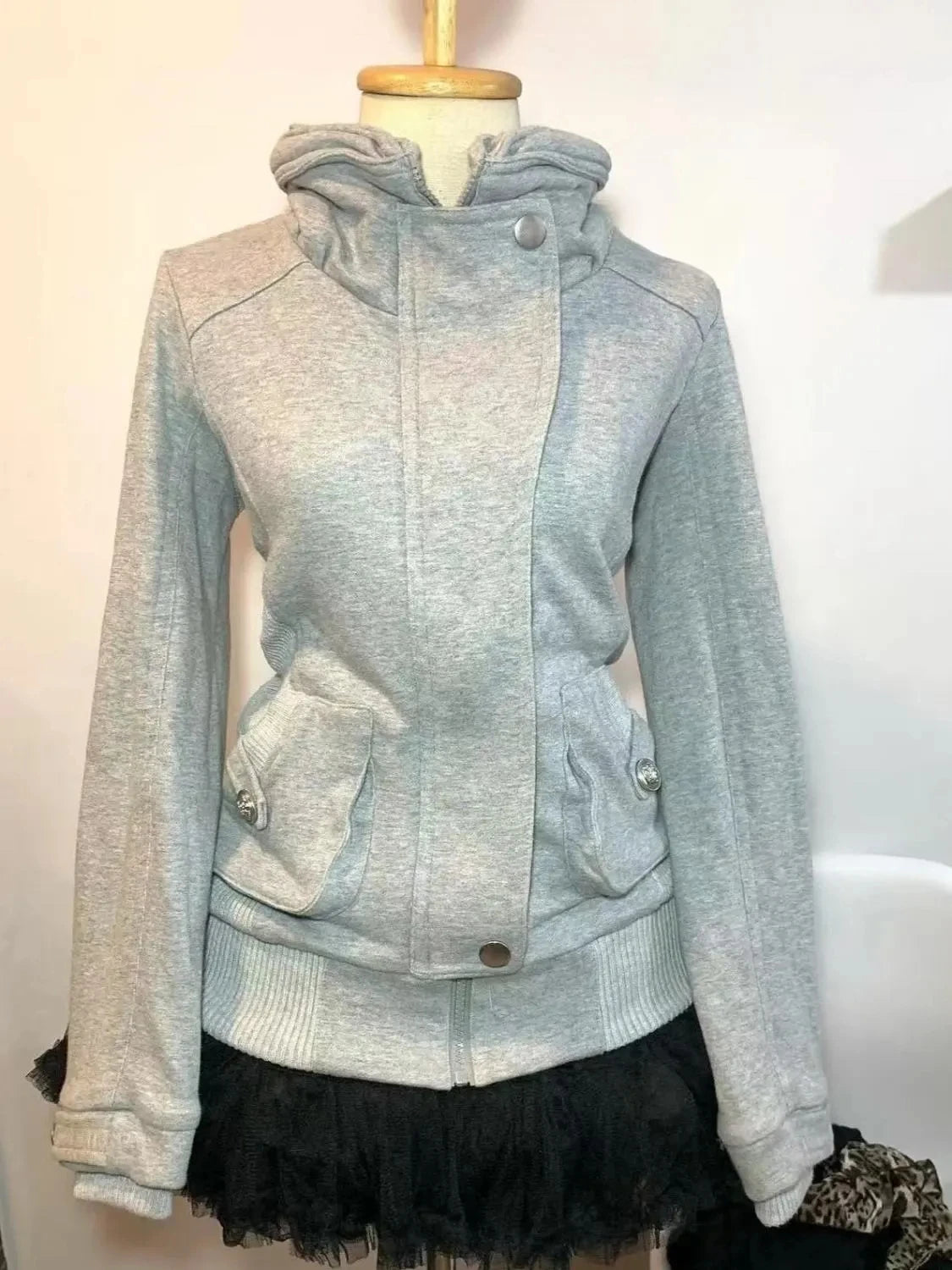 Stand Collar Asymmetric Full Zip Long Sleeve Fitted Jacket