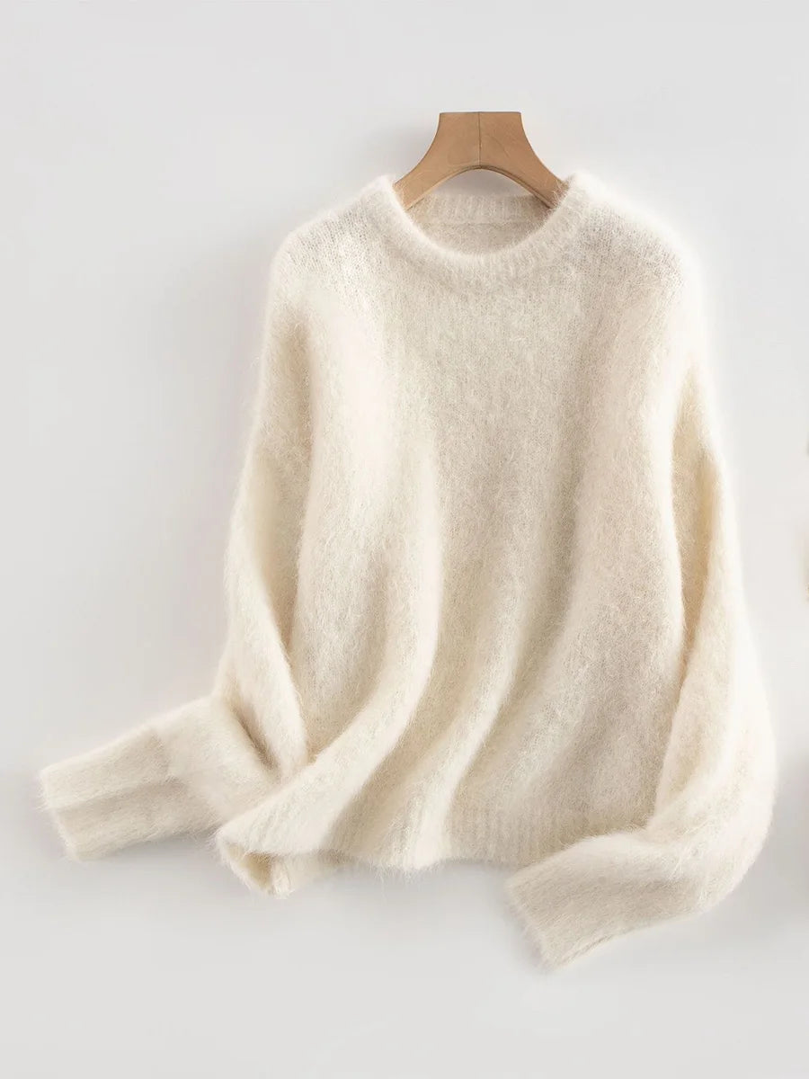 Women's Fluffy Crew Neck Long Sleeve Sweater Casual Knit Layer